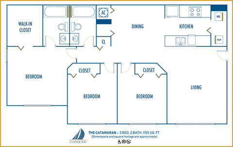 Three bedroom floor plan at Clipper Bay, Florida, 33616